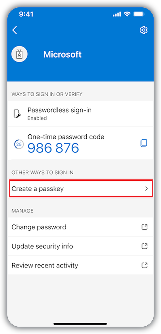 Step 1 – Tap Create a passkey in Microsoft Authenticator